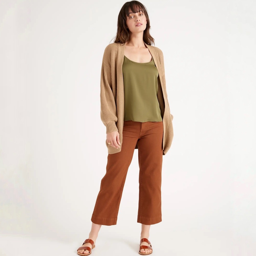 Quince 100% Organic Cotton Oversized Cardigan Camel Tan Ribbed Knit Sweater XS